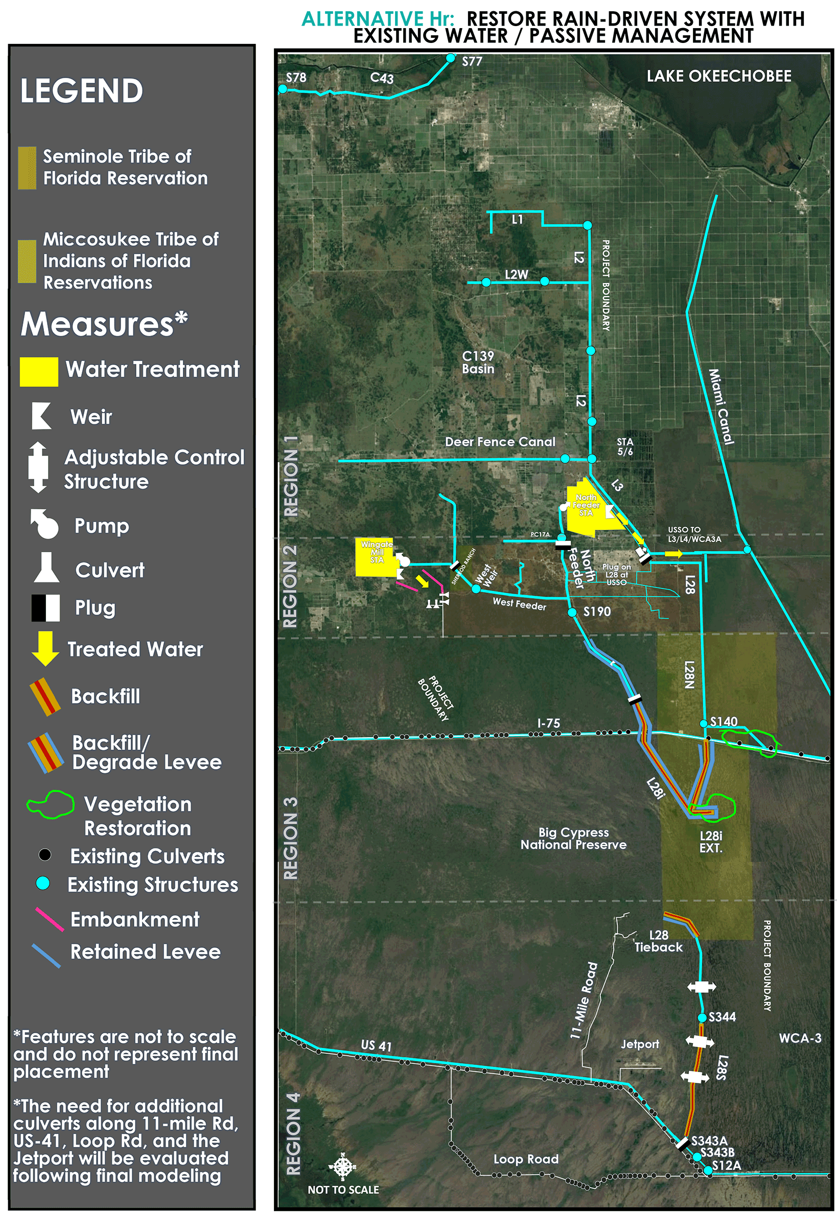 This map shows the WERP project area, with overlays indicating tribal lands of the Seminole and Miccosukee tribes, and proposed features and their locations in Alternative Hr, the tentatively selected plan. Features are not to scale, and do not represent final placement. The need for additional culverts along 11-Mile road, US-41, Loop Road, and the Jetport will be evaluated following final modeling. 
